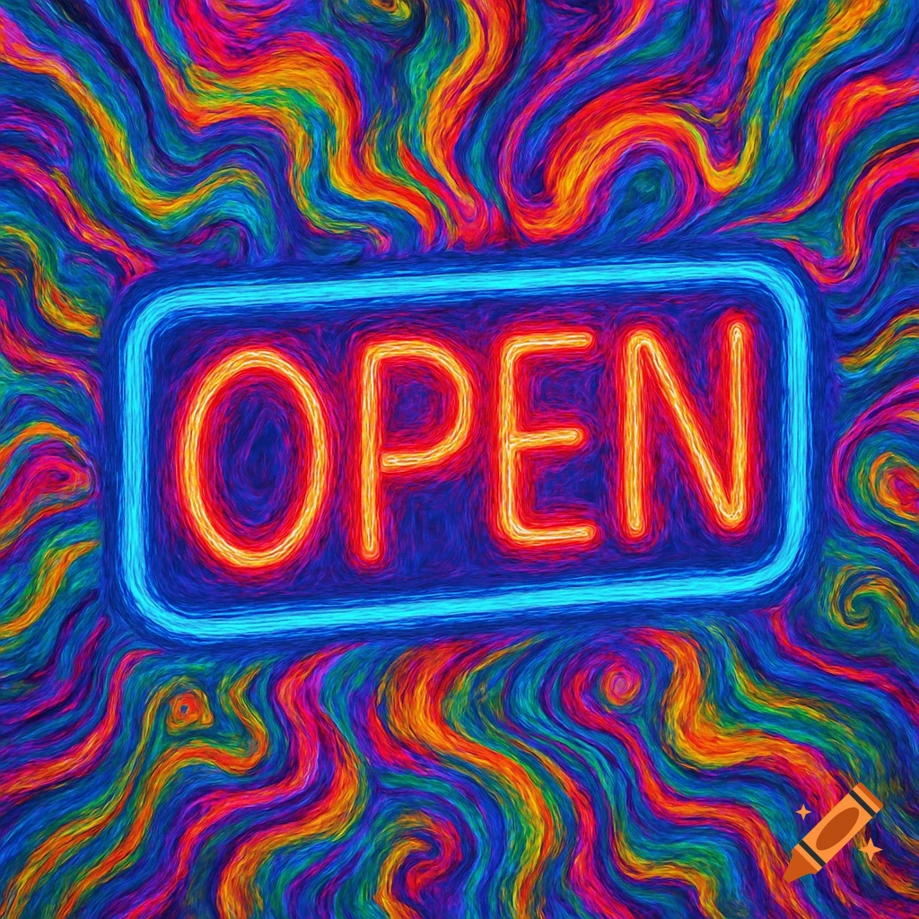 A bright neon sign glows with the word 'OPEN' against a vibrant, swirling psychedelic background.