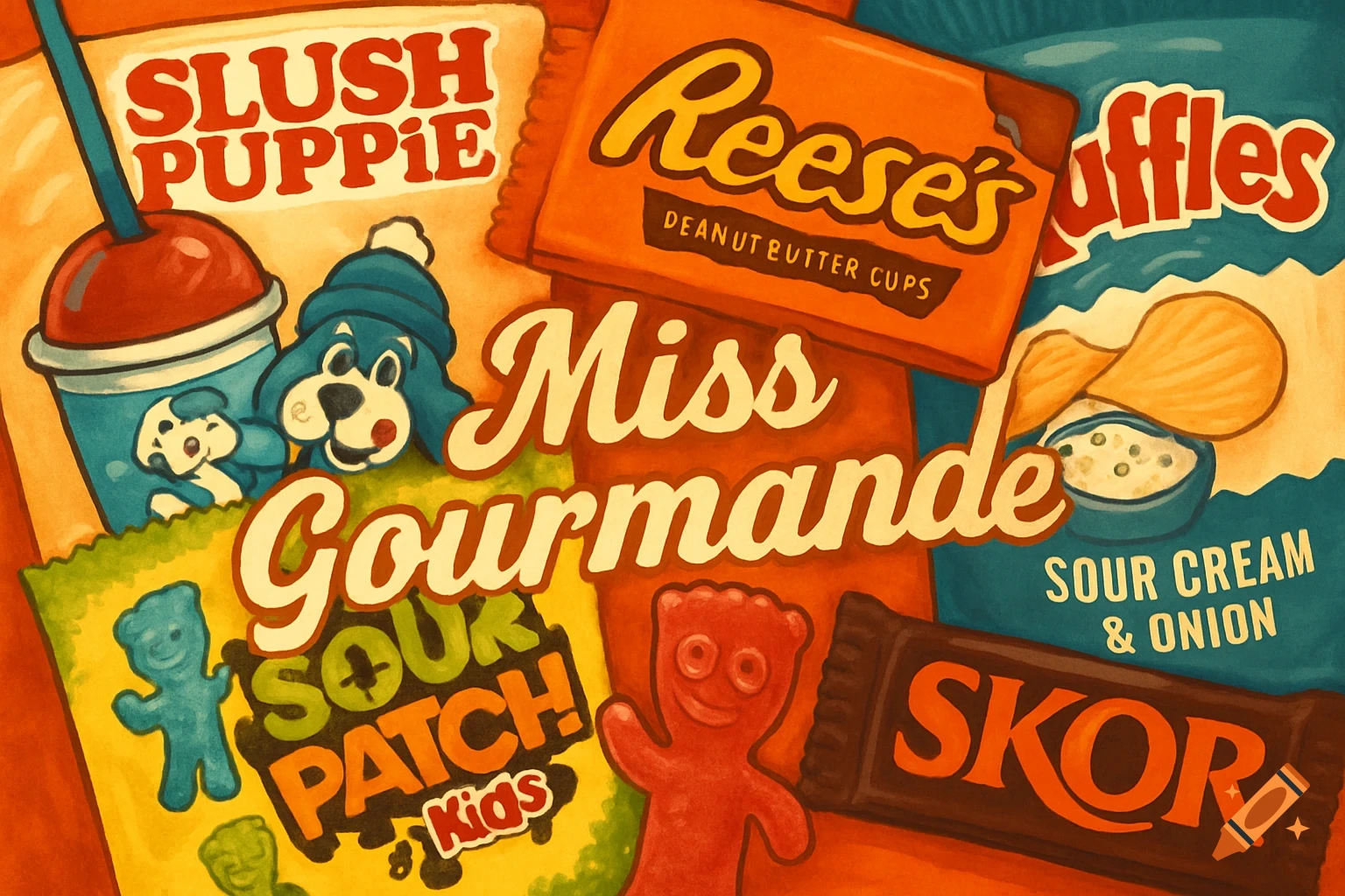 An animated illustration featuring various snack and candy brands like Slush Puppie, Reese's, Sour Patch Kids, Ruffles, and Skor, with "Miss Gourmande" written in the center.
