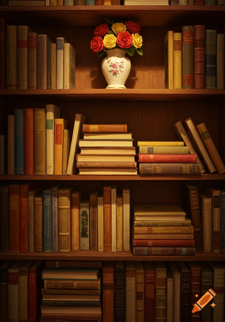 A rustic wooden bookshelf filled with books and a white vase holding red and yellow roses on the top shelf.