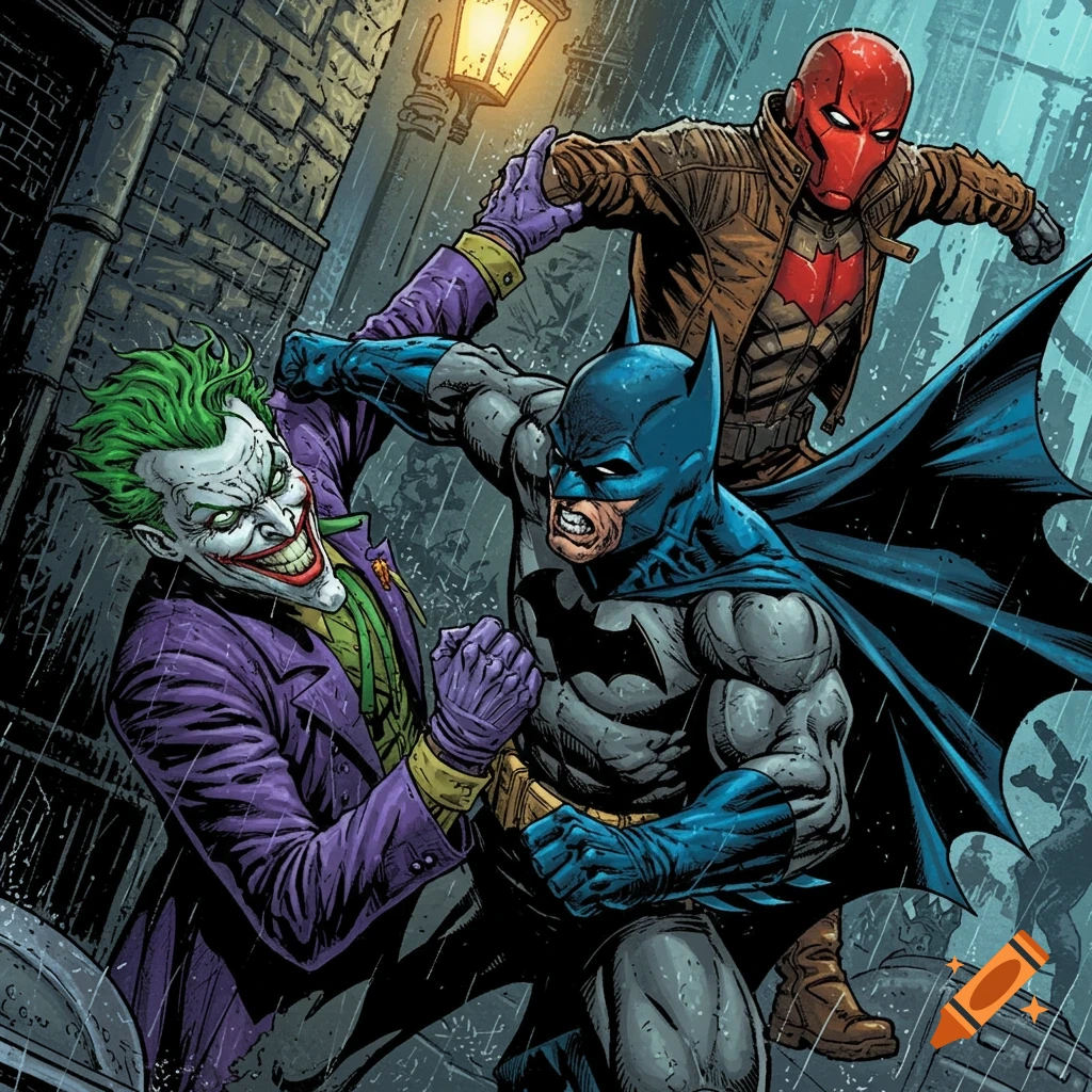Comic book art of Batman fighting Joker in a rainy alley, with Red Hood grabbing Joker.