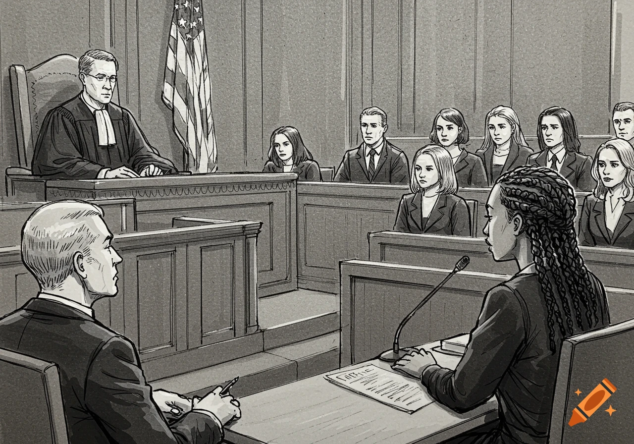A black and white sketch illustrating a formal court hearing with a judge, jury, and legal professionals.