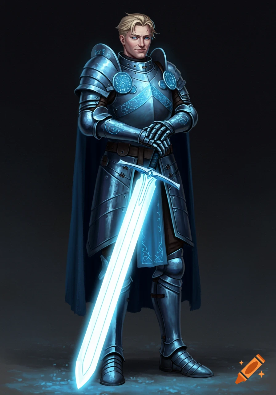 A handsome man with blond hair stands in glowing blue plate armor, holding a bright blue-white glowing greatsword.