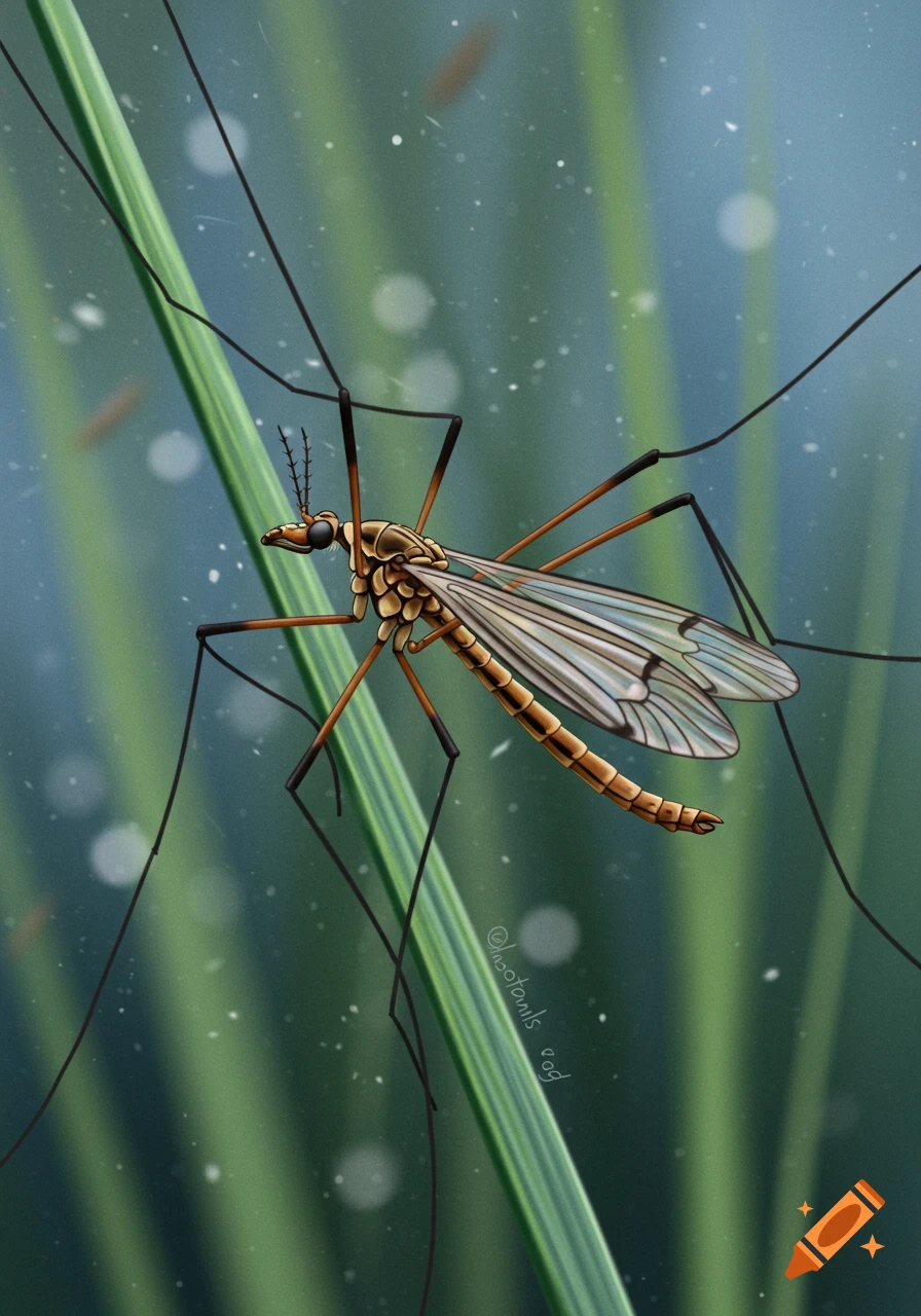 A detailed illustration of a crane fly with long legs and translucent wings, perched on a green blade of grass.
