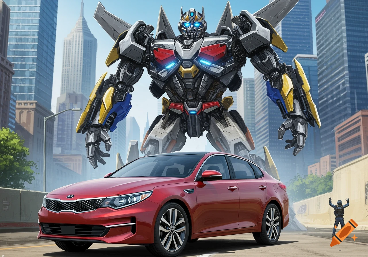 A giant robot resembling a Transformer stands over a red Kia Optima car on a city street with skyscrapers in the background.
