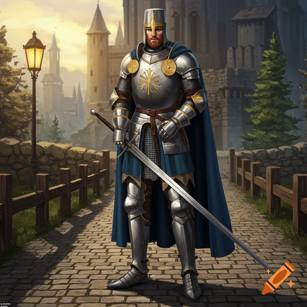 A medieval knight in shining armor and a blue cape stands on a cobblestone path in front of a castle at sunset.