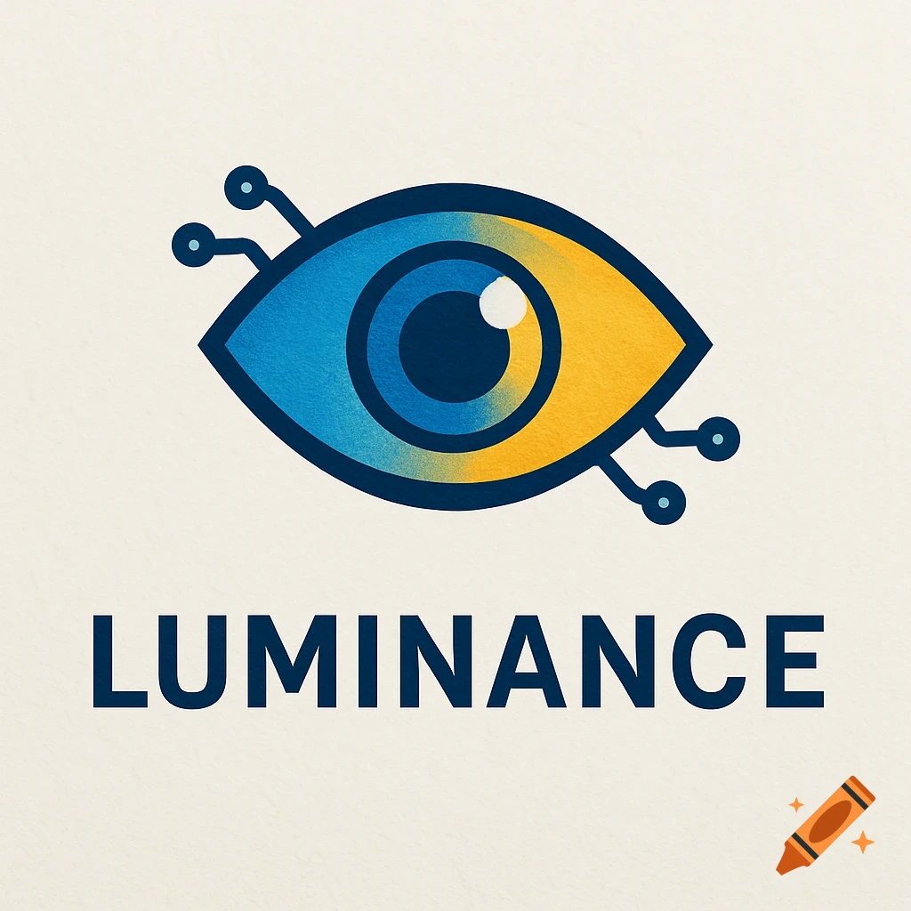 A stylized blue and yellow eye logo with circuit board elements, above the word "LUMINANCE" in dark blue text, on a cream background.