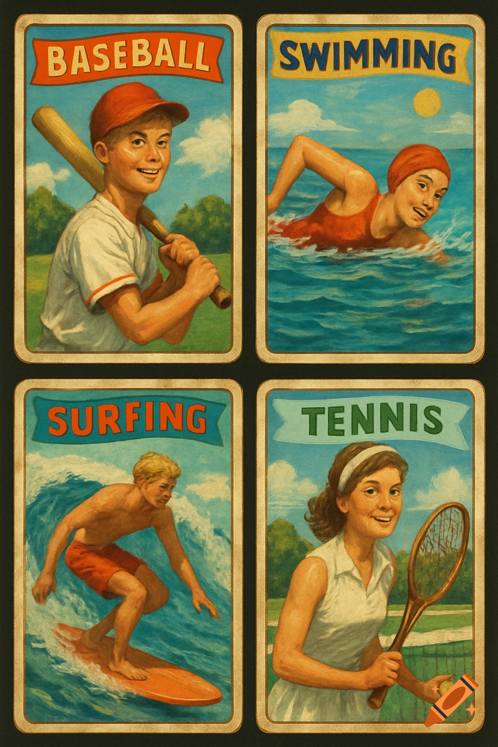 Four vintage-style sports cards depicting children playing baseball, swimming, surfing, and tennis in a classic illustration.