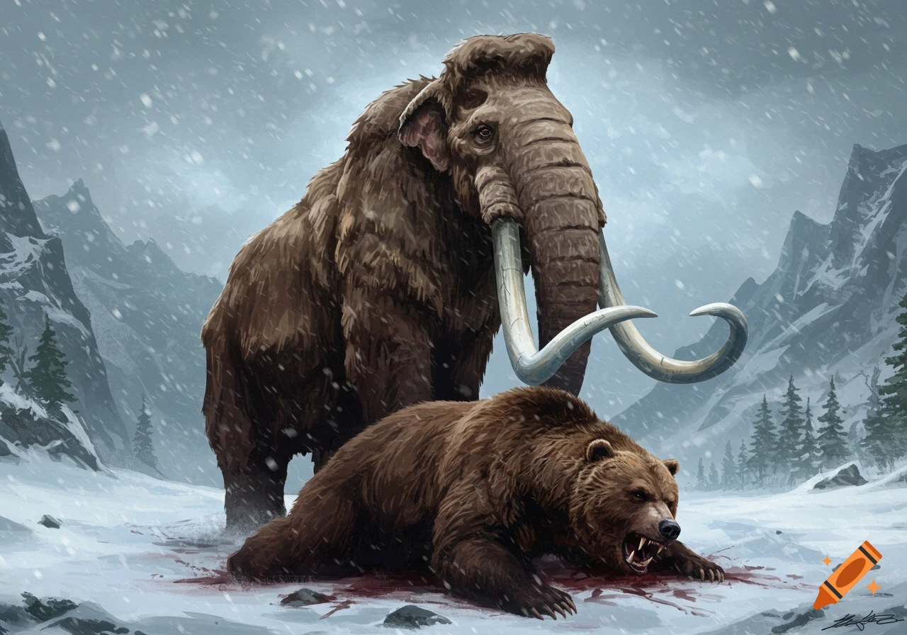 A woolly mammoth stands over a defeated grizzly bear in a snowy mountain landscape, blood staining the snow, in a dramatic, realistic style.