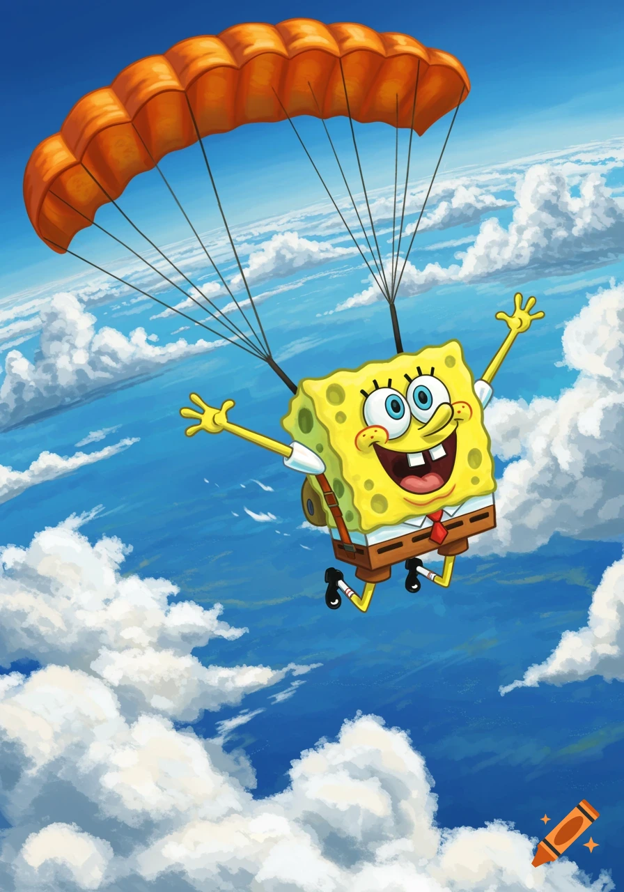 Spongebob Squarepants smiling joyfully while skydiving with an orange parachute above white clouds.