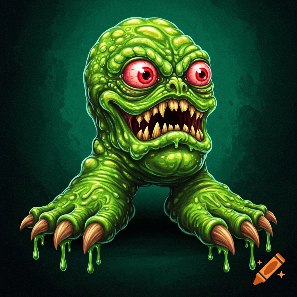 A vibrant green, slimy monster with prominent red eyes and sharp teeth, features dripping ooze and clawed feet, against a dark green background.