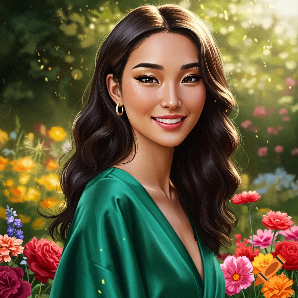 A smiling woman with long dark hair and a green dress in a lush garden with colorful flowers.