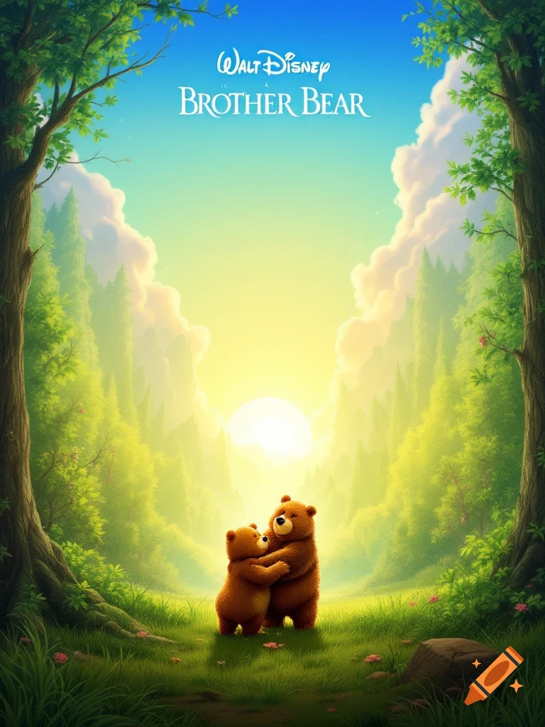 A vibrant movie poster for Walt Disney's Brother Bear, featuring two cartoon bears hugging in a lush, sunlit forest.