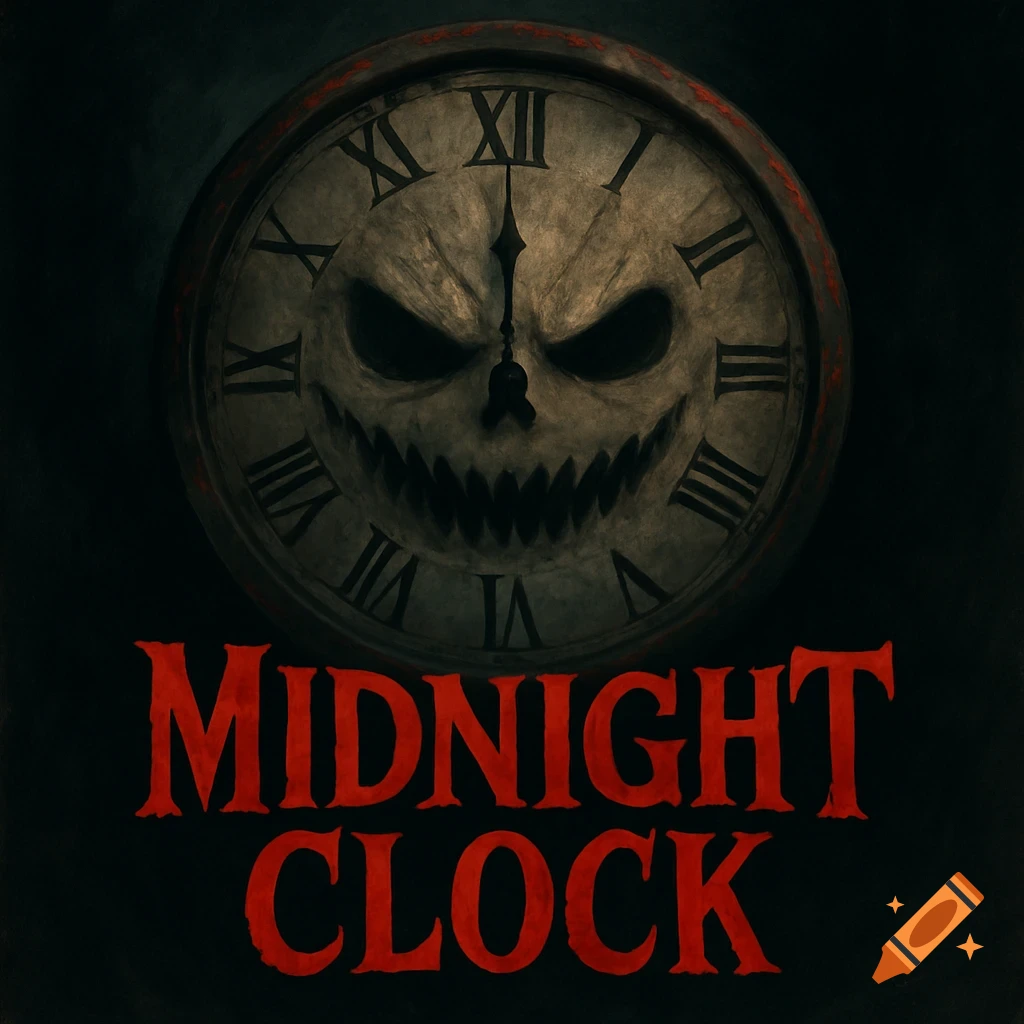 A dark, spooky logo features a scary clock with a monstrous, skull-like face and jagged teeth. Below it, red text reads 'MIDNIGHT CLOCK'.