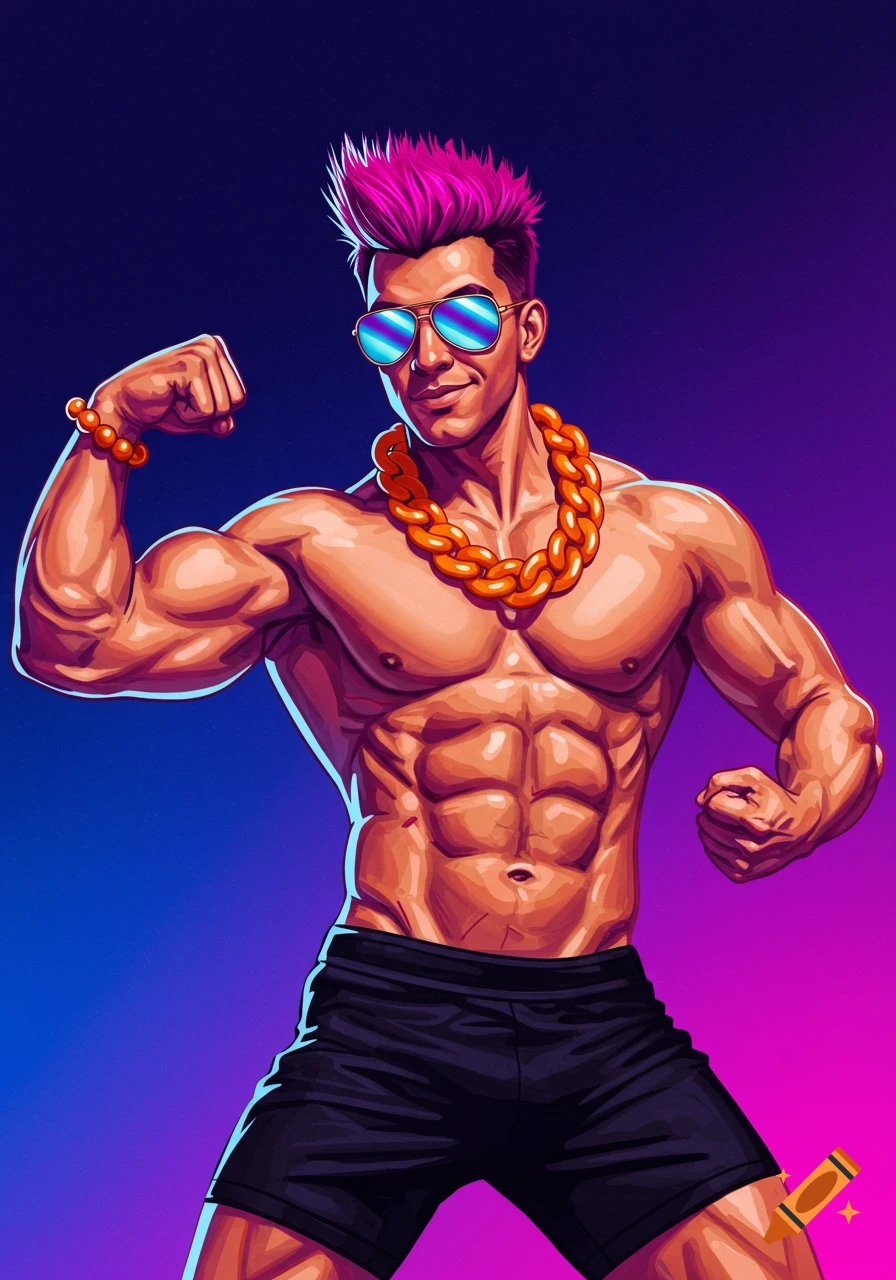 A muscular man with spiky pink hair, sunglasses, and a gold chain flexes his bicep against a vibrant purple and blue background.