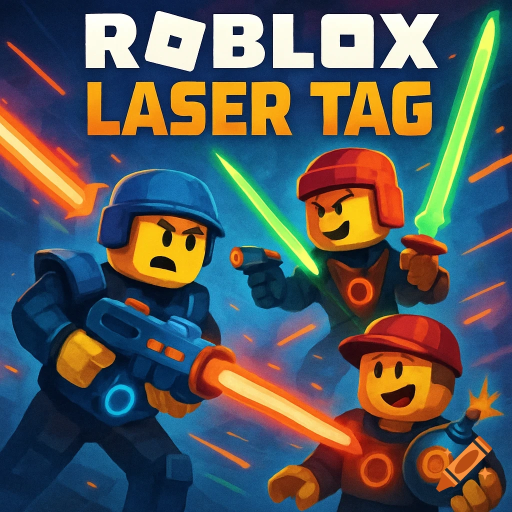 Three blocky Roblox-style characters playing laser tag with guns, swords, and bombs, with "ROBLOX LASER TAG" text above.