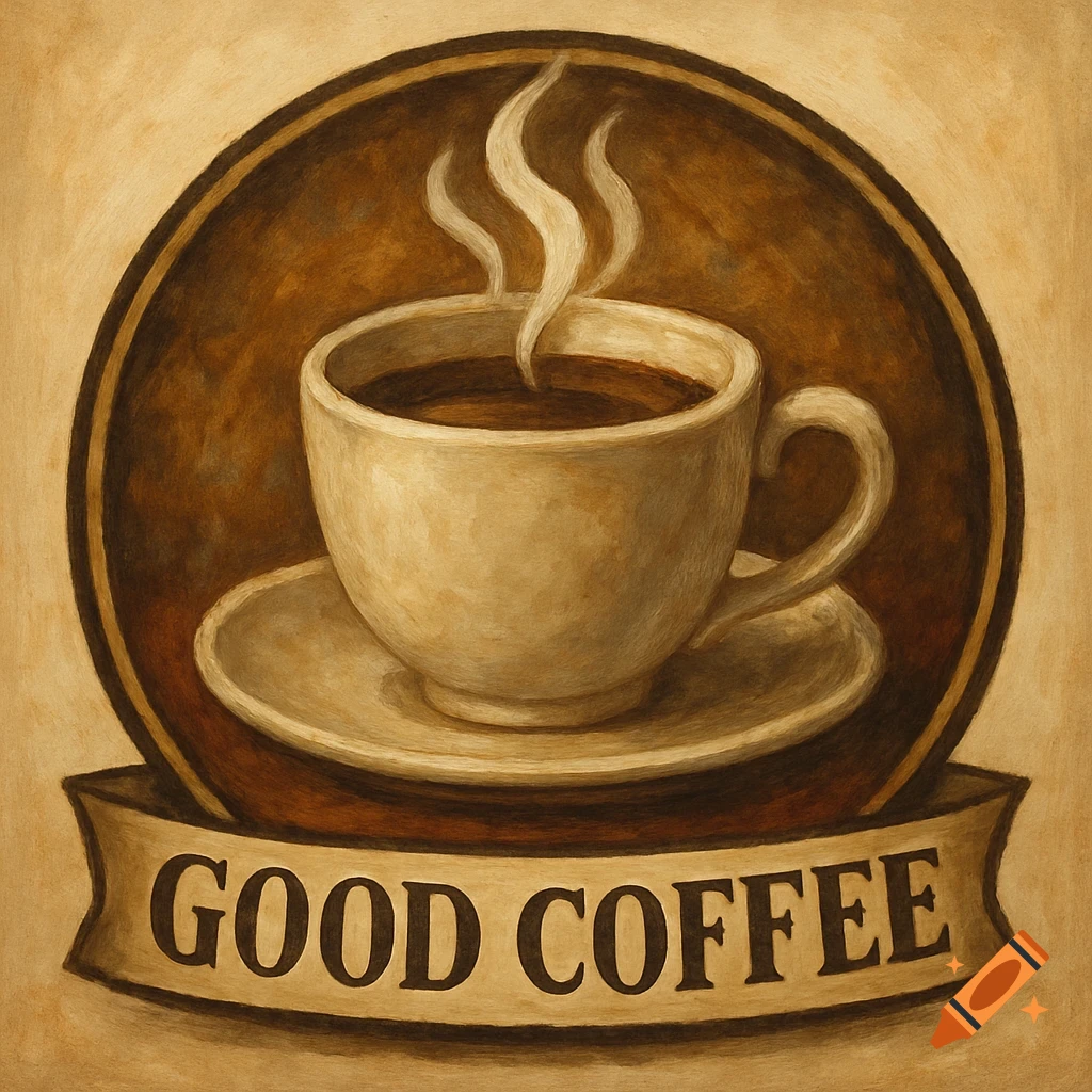 A vintage-style illustration of a steaming coffee cup in a saucer, with a banner below reading "GOOD COFFEE".