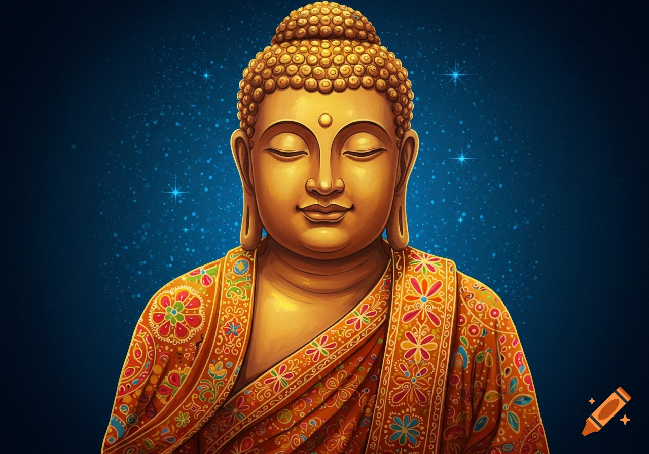 Close-up of a golden Buddha figure with closed eyes, wearing an ornate orange robe with colorful floral and geometric patterns, against a dark blue starry background.