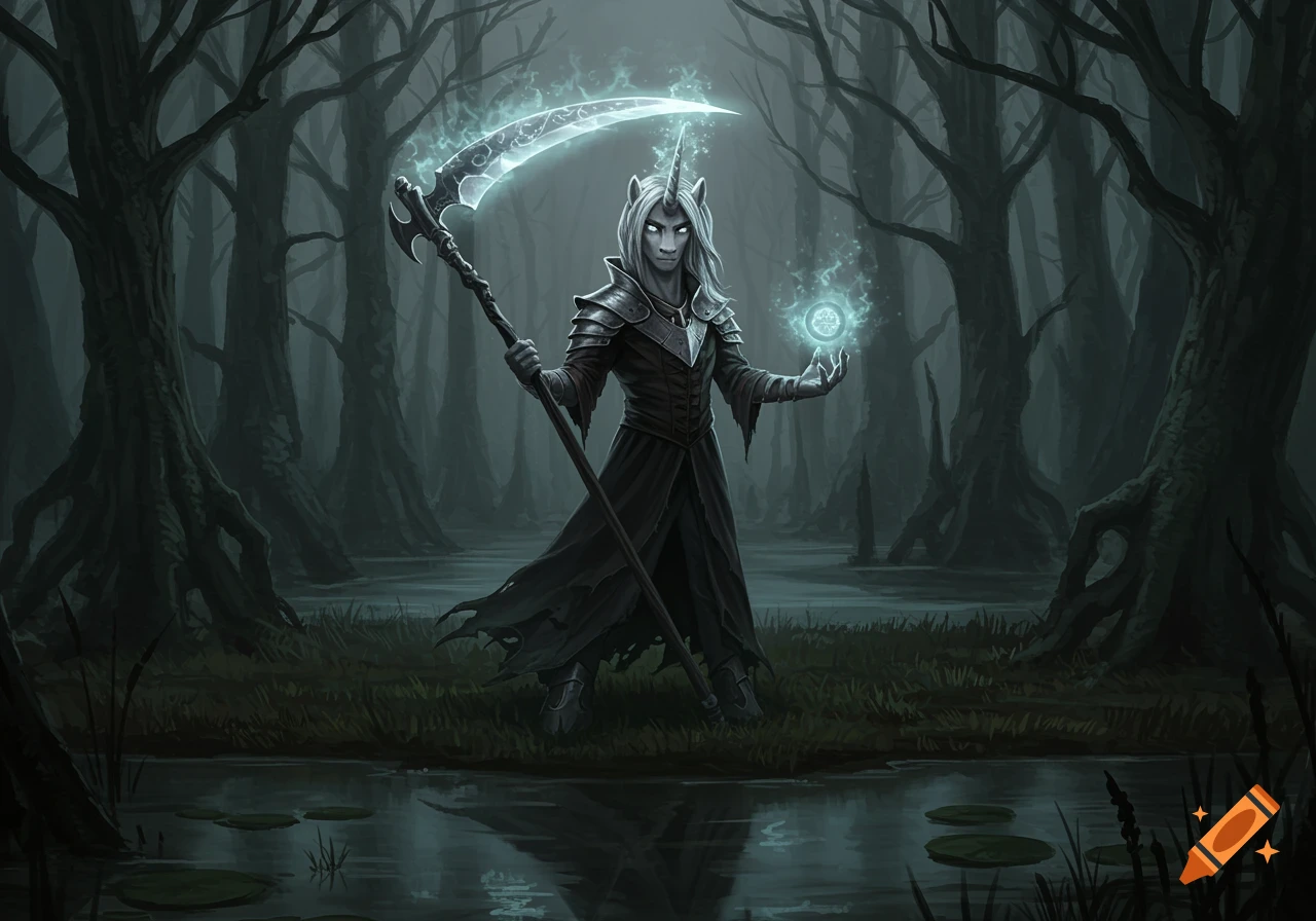 A male Alicorn in dark armor holds a glowing scythe and magic orb, standing in a gloomy swamp with bare trees.