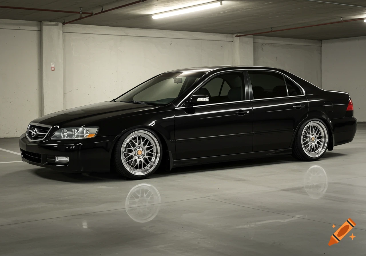 A black Acura TL sedan with chrome BBS wheels parked in an underground garage, reflecting on the polished floor.