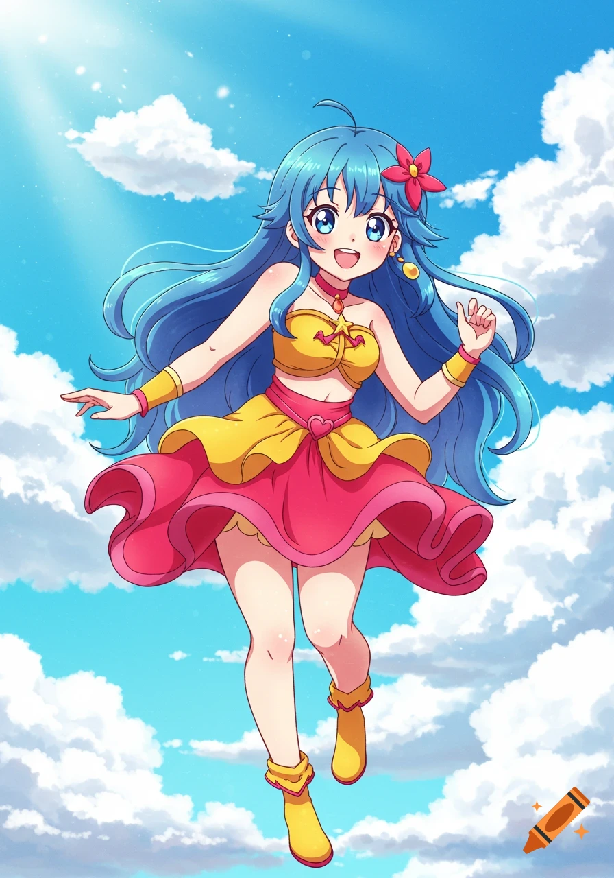 An anime girl with blue hair and a yellow and pink outfit floats joyfully in a bright blue sky with clouds.