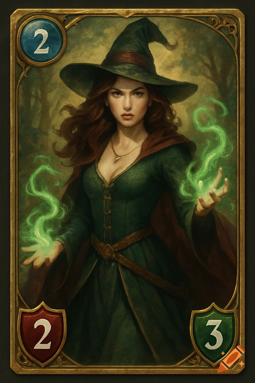 A dark fantasy art game card featuring a witch casting a green magic spell.
