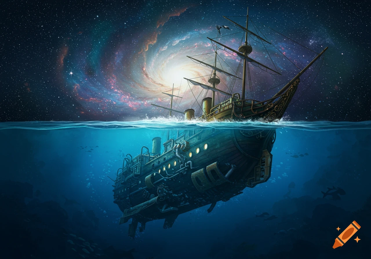 A steampunk sailing ship is half above a vast ocean and half below, with a swirling galaxy in the starry night sky.