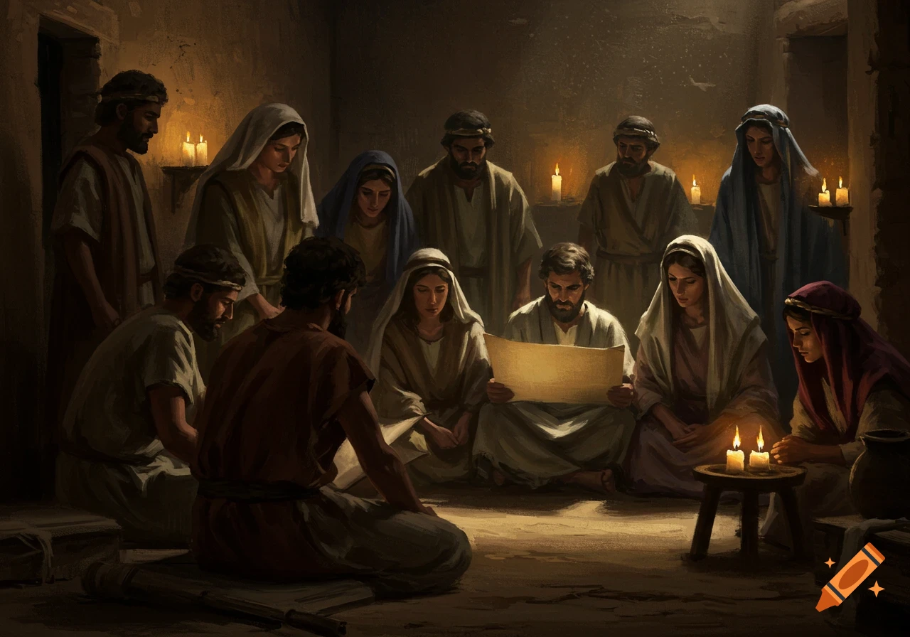 A group of people in ancient attire gather in a dimly lit room, illuminated by candles, as one man reads from a scroll.