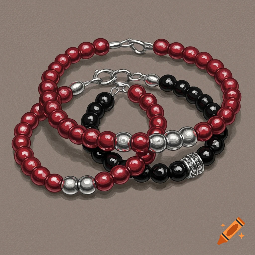 Three beaded bracelets, two red and one black, intertwined on a plain background.