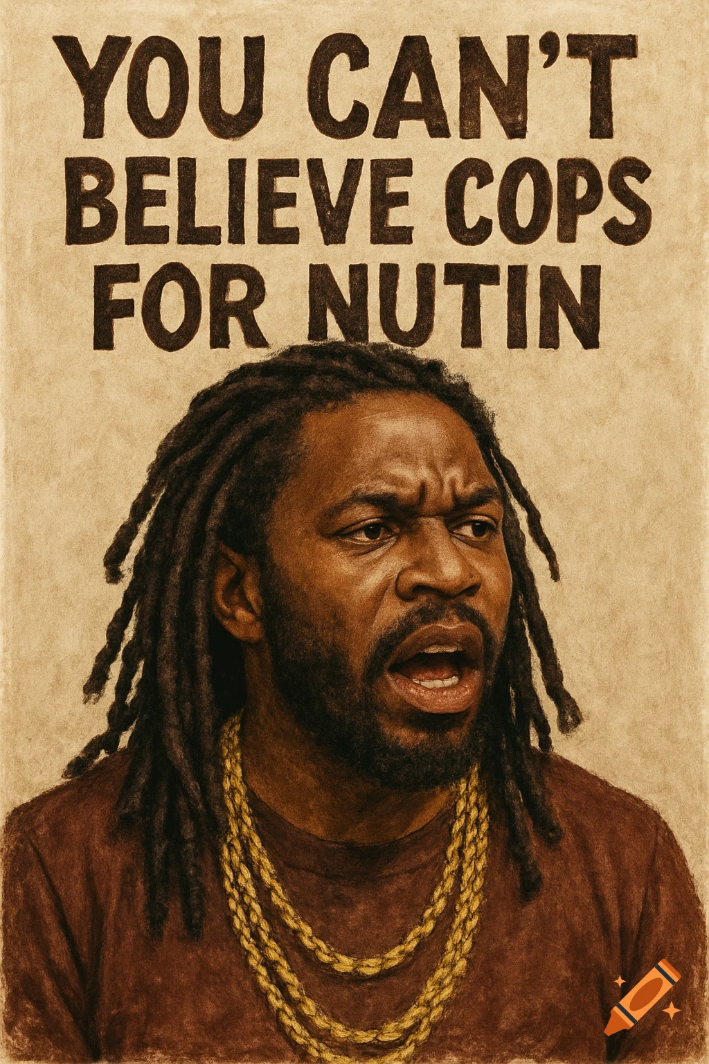 Portrait of a man with dreadlocks and gold chains, on a textured poster with the text 'YOU CAN'T BELIEVE COPS FOR NUTIN'.