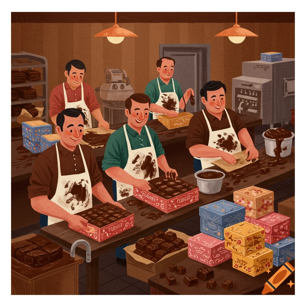 Illustration of several men in aprons, covered in chocolate, packing fudge into boxes in a factory setting.