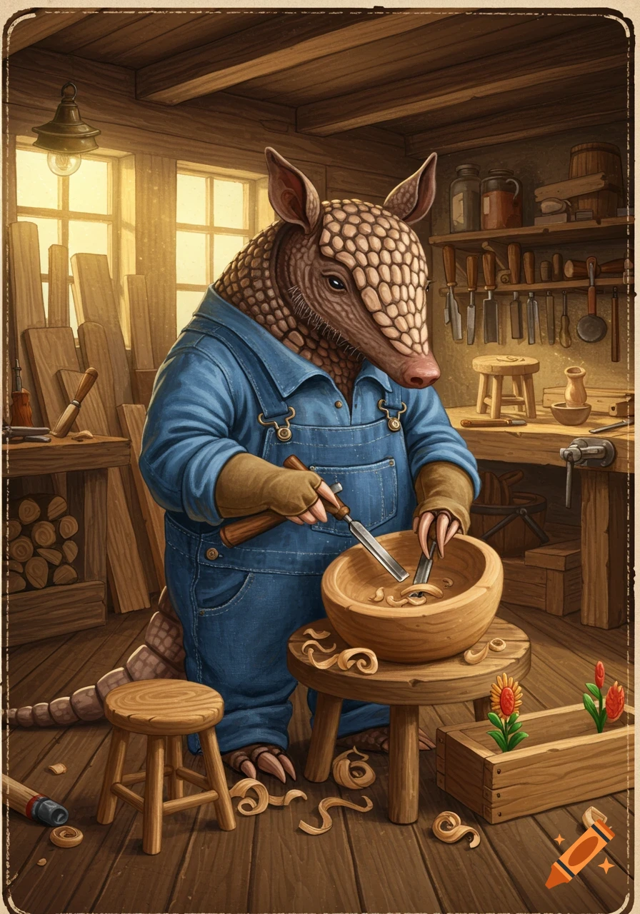 An anthropomorphic armadillo in blue overalls carves a wooden bowl in a rustic woodworking shop.