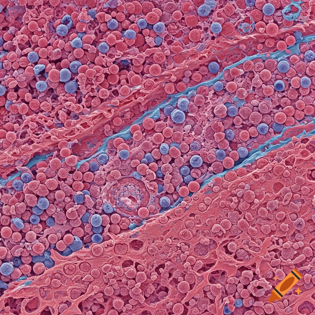 Microscopic image of cartilage tissue showing red and blue cells in a pink matrix with blue channels.