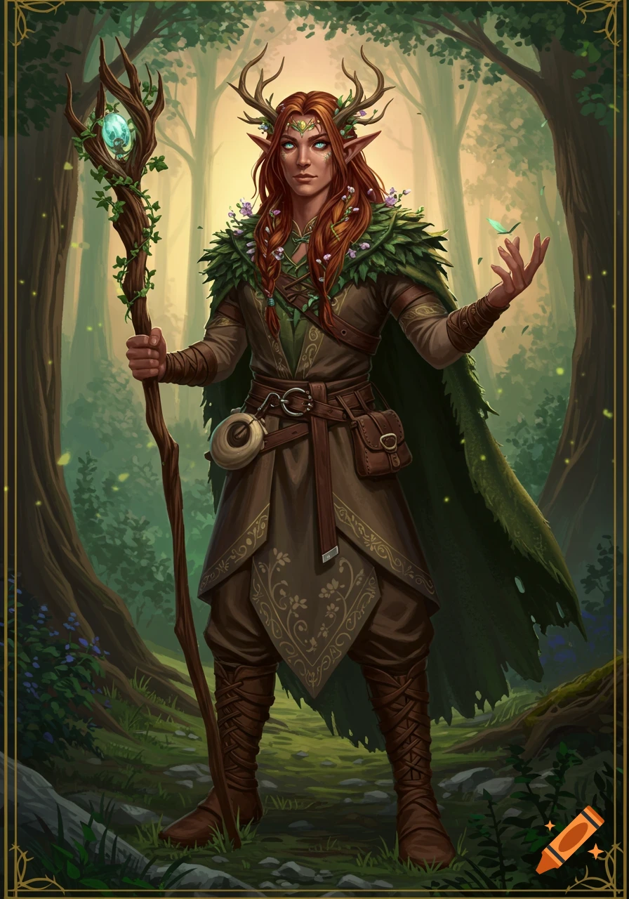A female half-elf druid with antlers and long red hair stands in a magical forest, holding a staff and reaching towards a glowing butterfly.