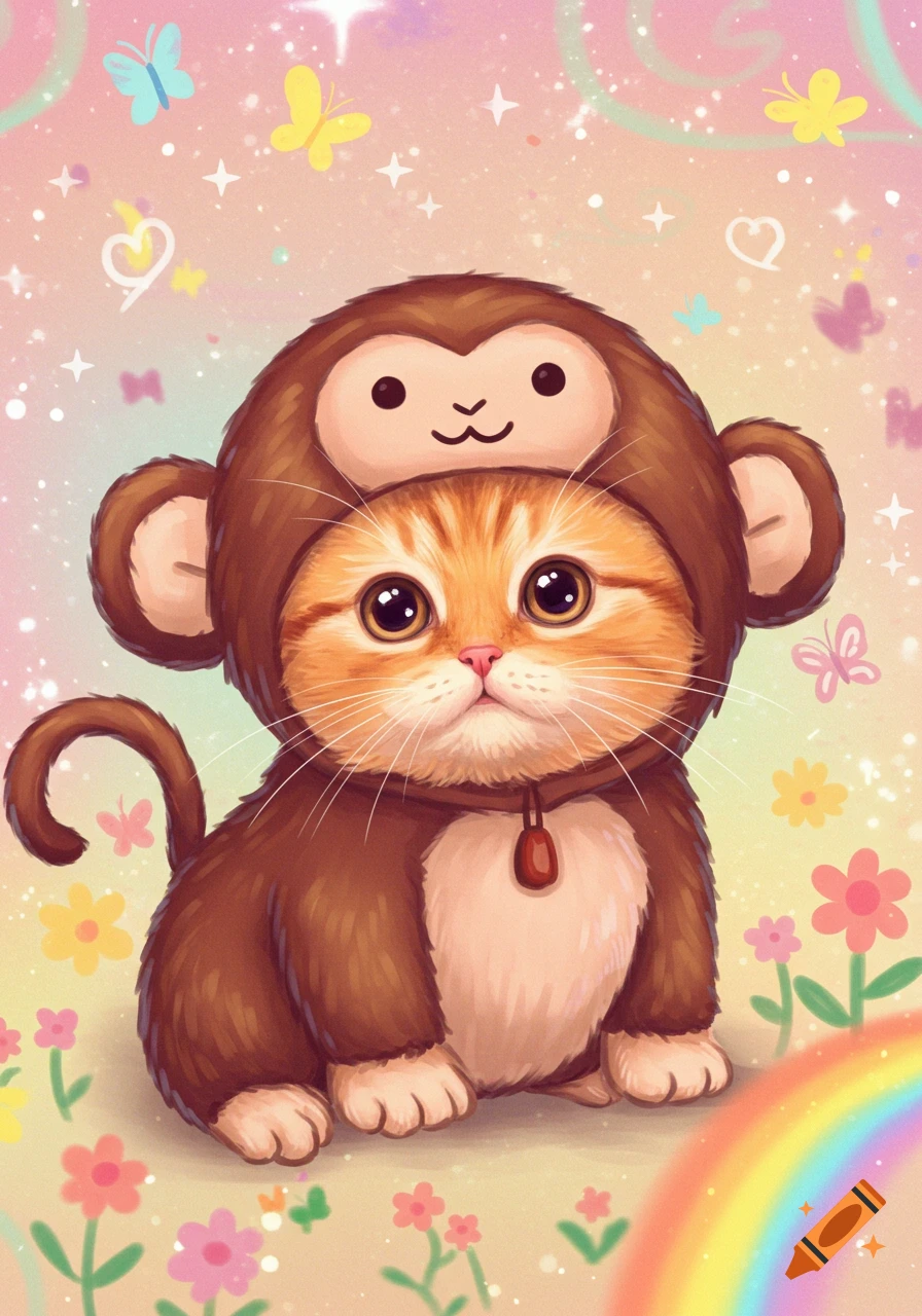 A cute ginger kitten wearing a brown monkey costume sits in a whimsical, colorful field with butterflies, flowers, and a rainbow.