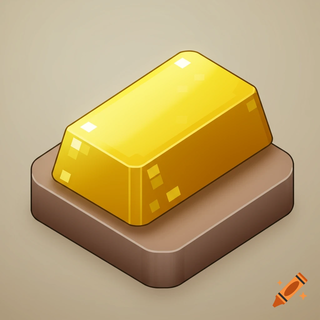 An isometric, blocky gold ingot rests on a brown rectangular base, resembling a Minecraft item.