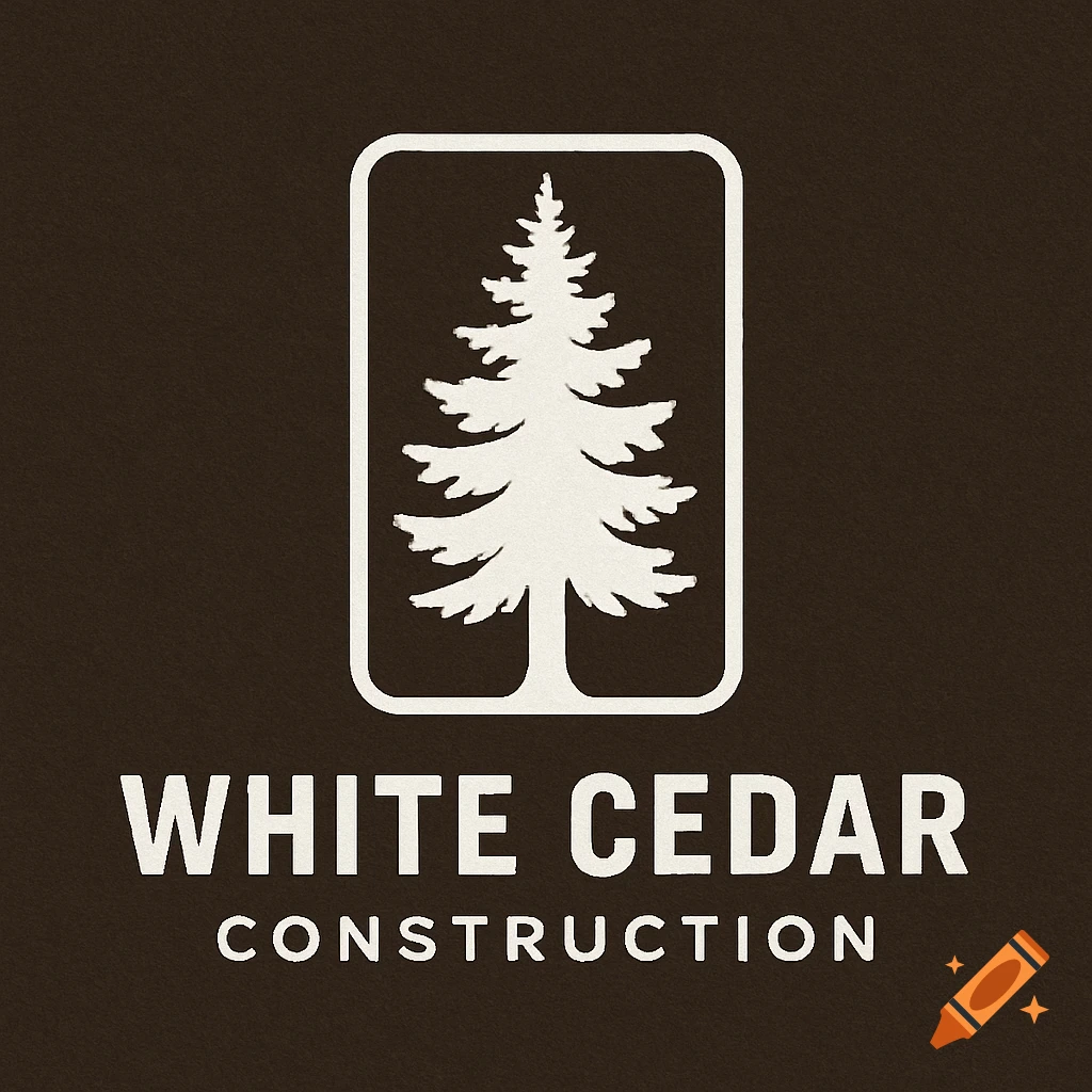 A rustic logo for White Cedar Construction, featuring a white stylized cedar tree inside a rounded white rectangle on a dark brown background, with 'WHITE CEDAR' and 'CONSTRUCTION' text below.