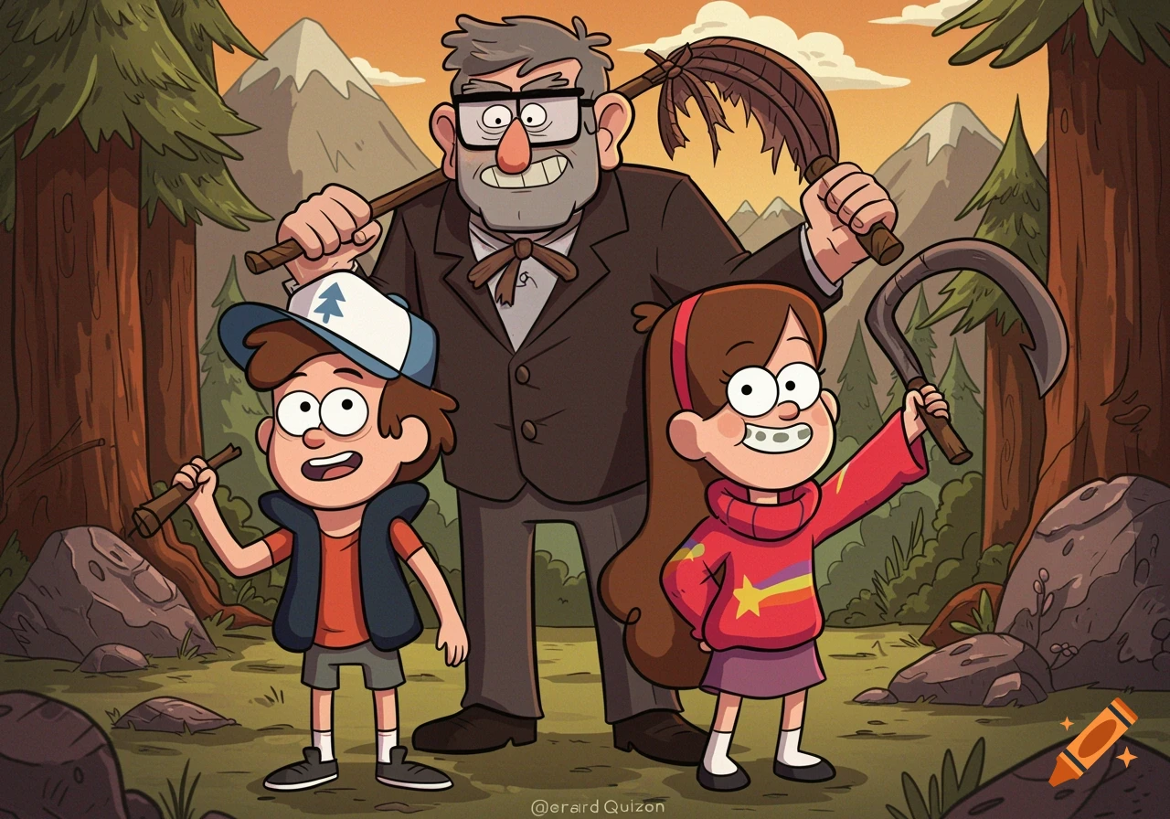 Gravity Falls cartoon illustration of Dipper, Mabel, and Stan Pines holding a stick, feather duster, and sickle in a forest.