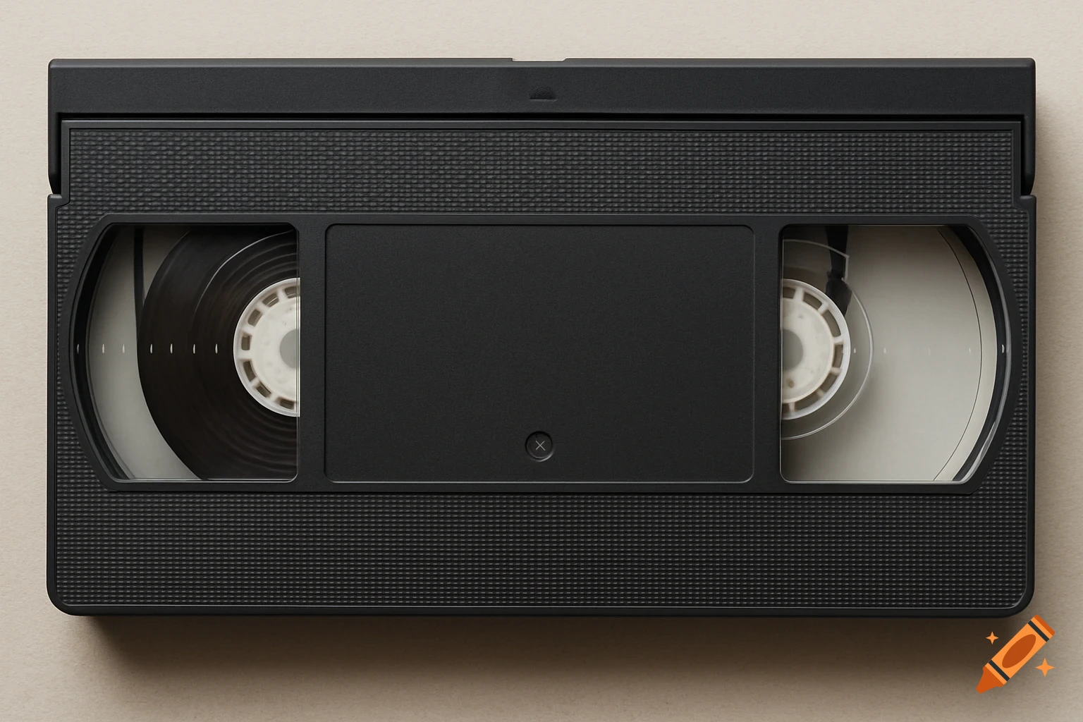 A photorealistic, top-down view of a black VHS tape against a light background.
