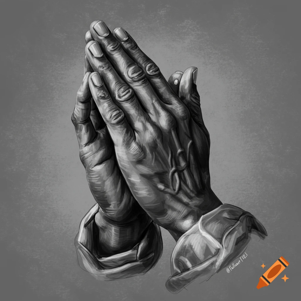 A monochromatic illustration of two hands clasped together in prayer, rendered with detailed shading.
