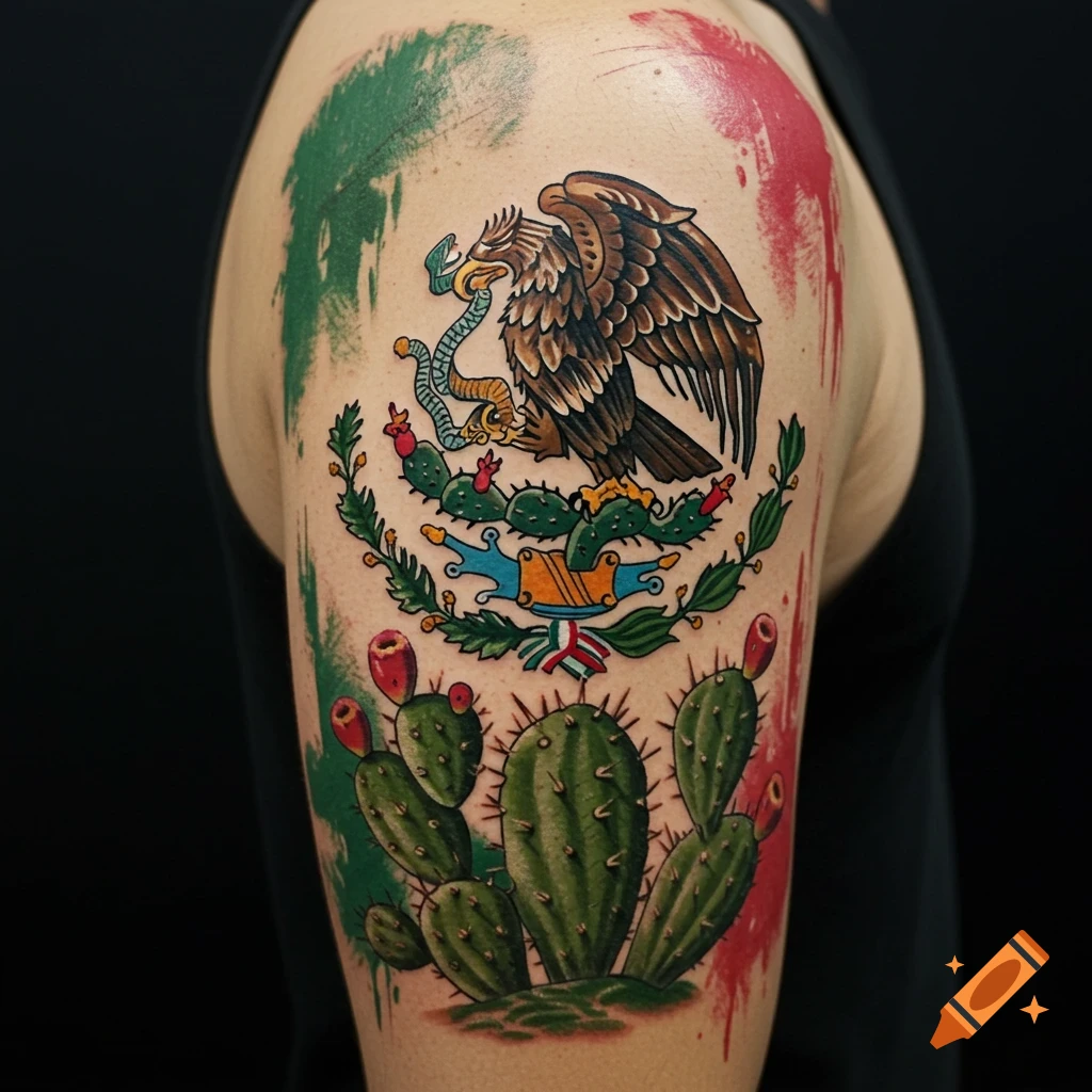 A detailed tattoo of the Mexican Coat of Arms featuring an eagle, snake, and nopal cactus on a person's arm, with red and green brushstrokes.