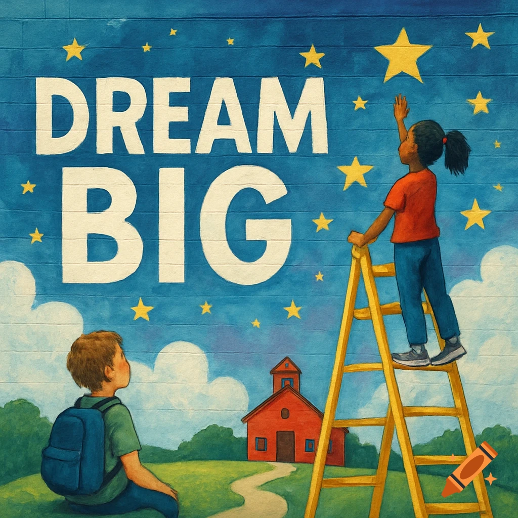 A painted mural with 'DREAM BIG' shows a girl on a ladder reaching for a star and a boy sitting in front of a school.