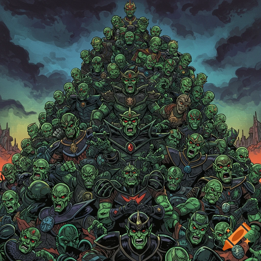 A towering pile of green-skinned, red-eyed humanoid villains in dark armor, depicted in a comic book art style.