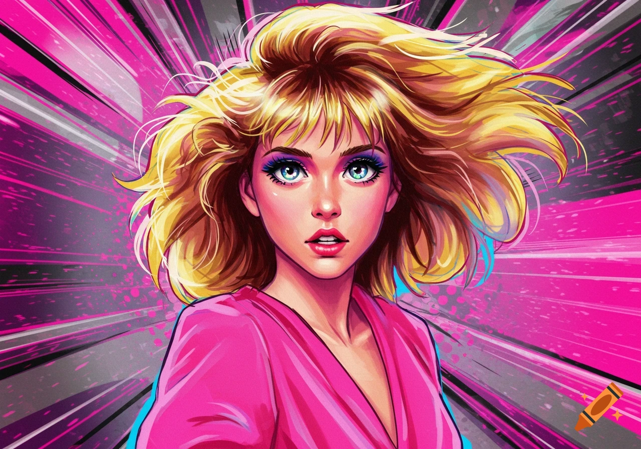 A vibrant 80s comic art portrait of a blonde woman with blue eyes against a pink and black radial background.