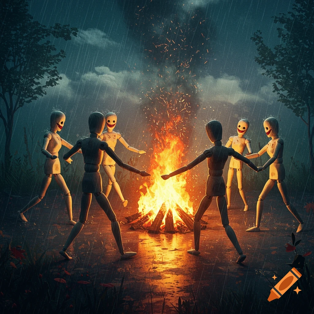 Wooden mannequins dancing in a circle around a burning bonfire in the rain at night.