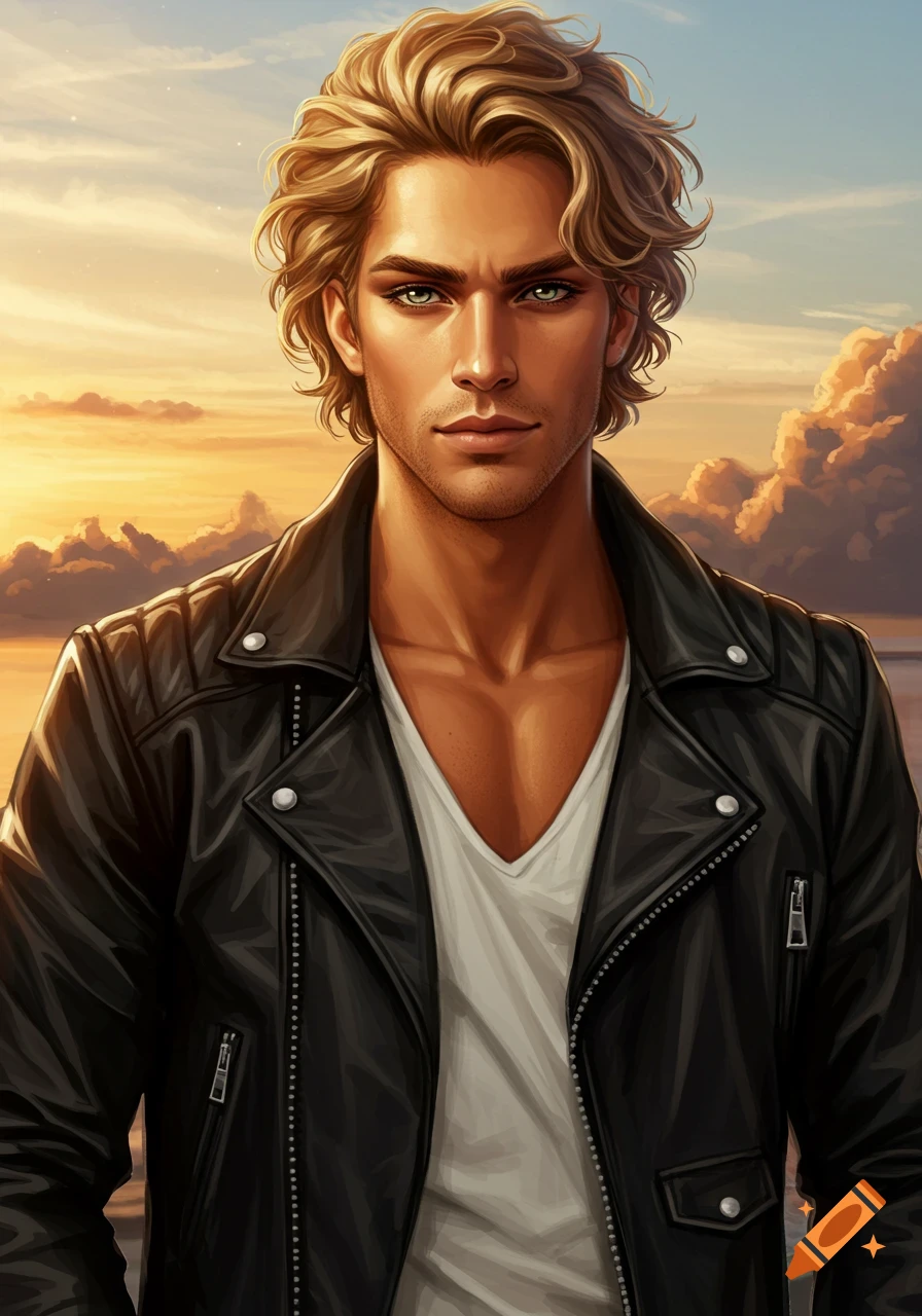 A handsome man with golden wavy hair and piercing hazel-blue eyes ...