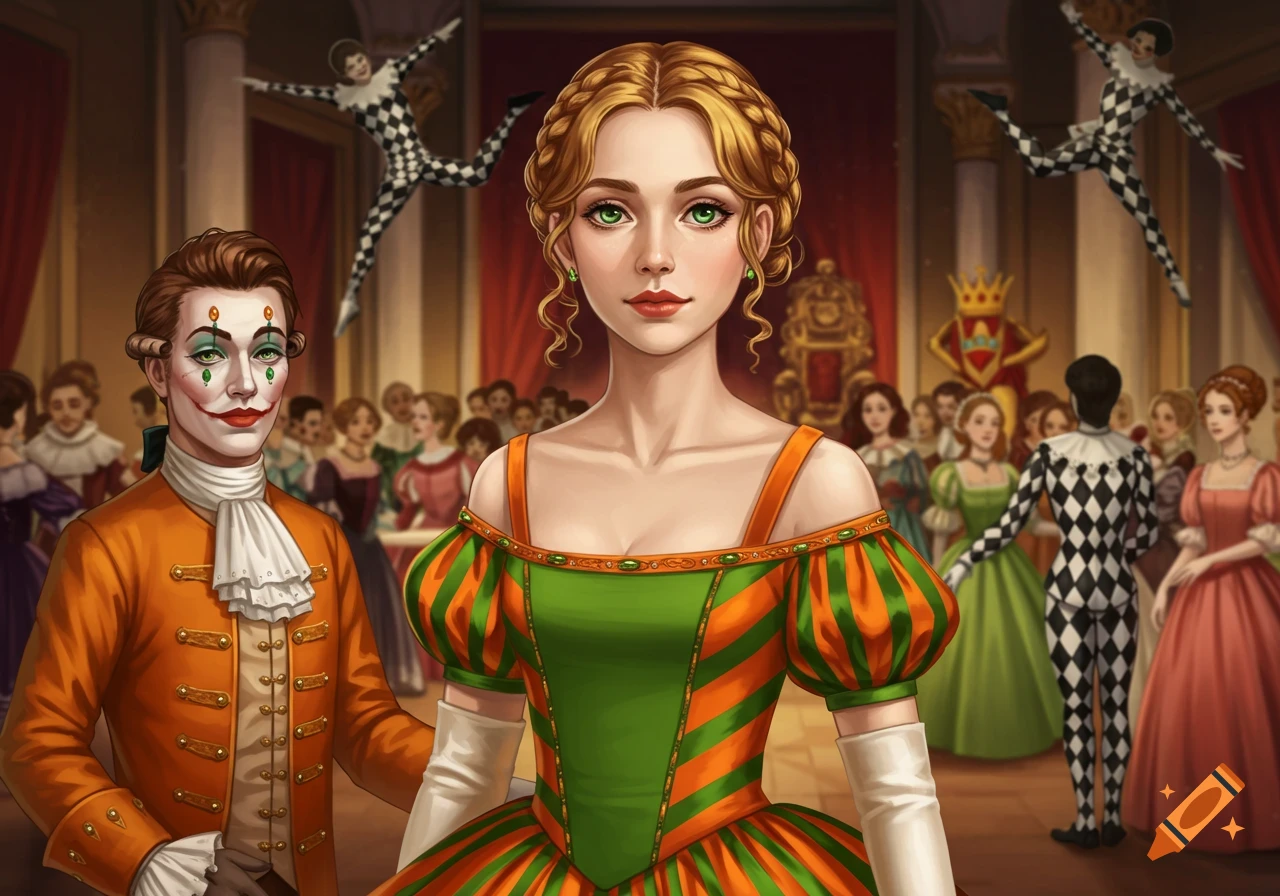 A young woman in a striped ball gown and a man in theatrical makeup at a lavish ballroom event with acrobats.