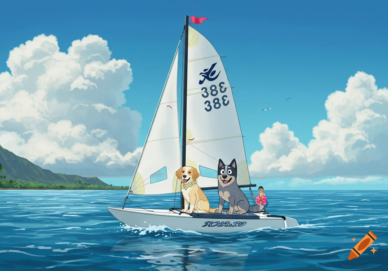 Cartoon dogs, a golden retriever and a husky, happily sail on a boat in the clear blue ocean with tropical islands in the background.
