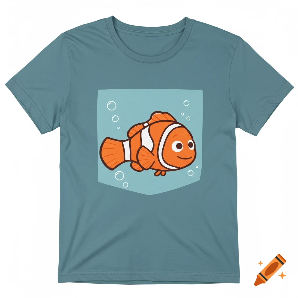 A cartoon clownfish with orange and white stripes in a pocket-style design on a teal t-shirt, with bubbles around it.