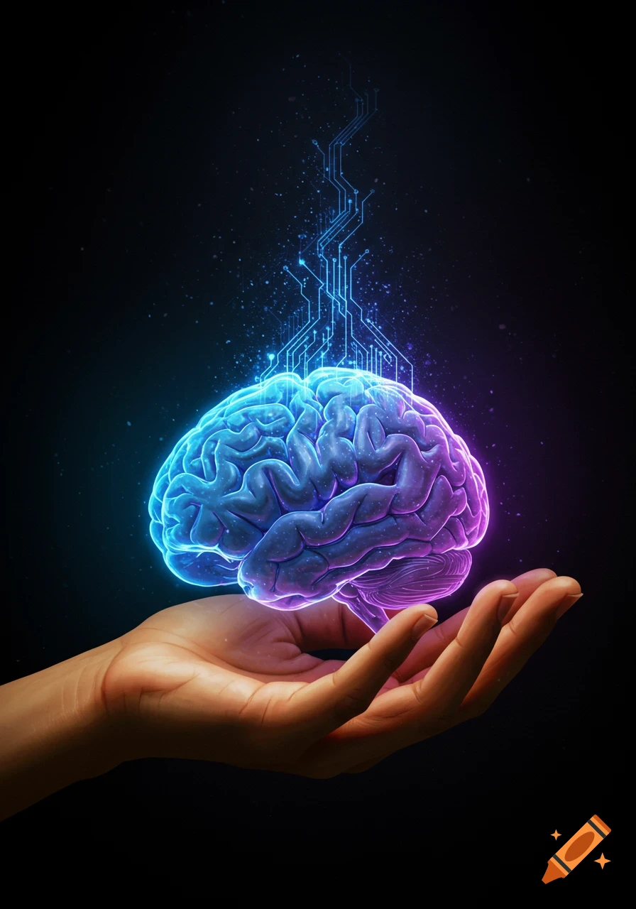 A hand holding a glowing, neon-colored brain with circuits emanating upwards, symbolizing AI and technology.