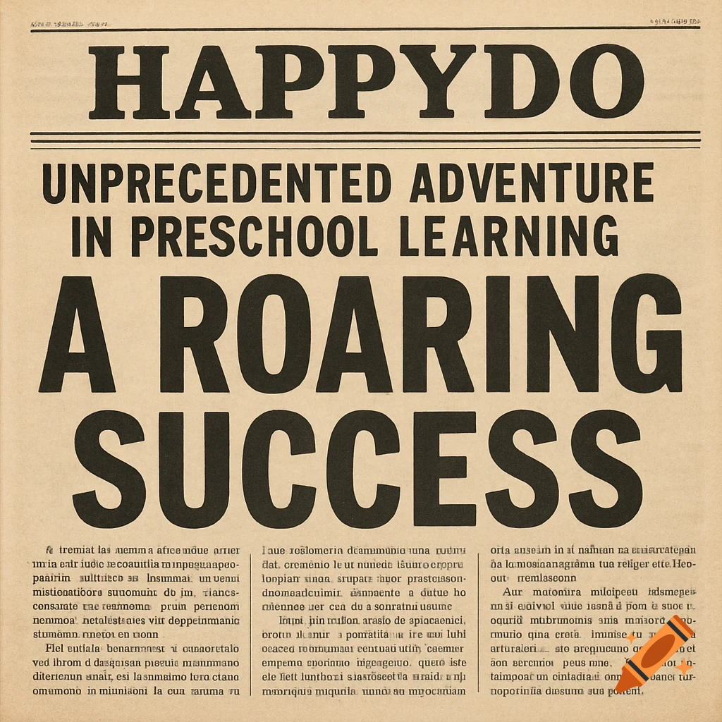 A vintage 1970s American newspaper with headlines about "Happydo" and "Unprecedented Adventure in Preschool Learning - A Roaring Success."